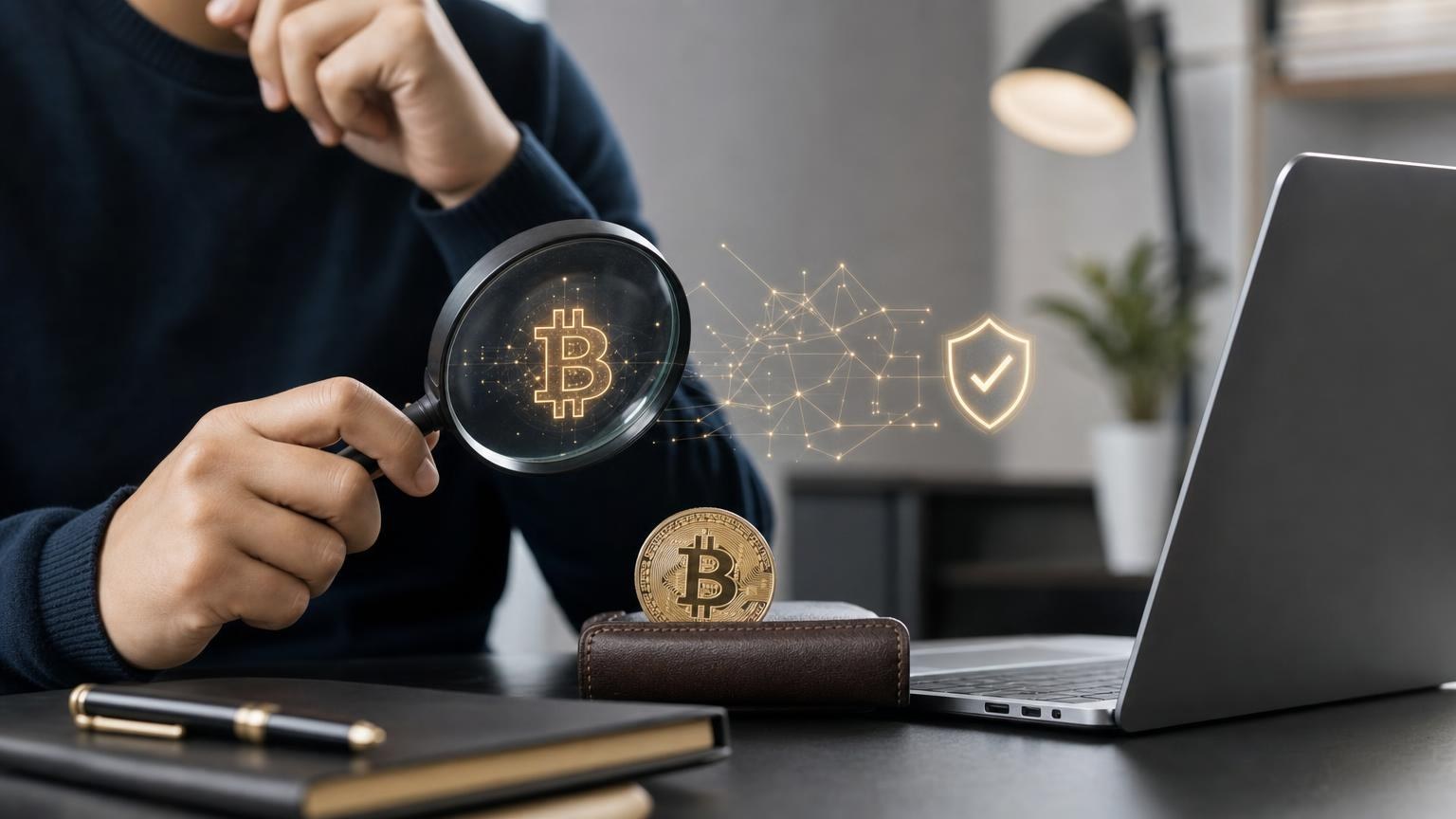 A Bitcoin wallet screen with a BTC address, network details, and verification checkpoints before an exchange